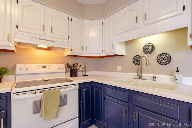 kitchen with white cabinetry, sink, blue cabinets, and white electric range