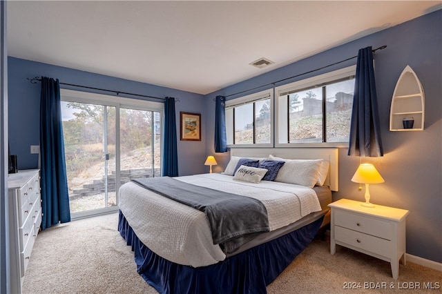 bedroom featuring access to outside, multiple windows, and light colored carpet