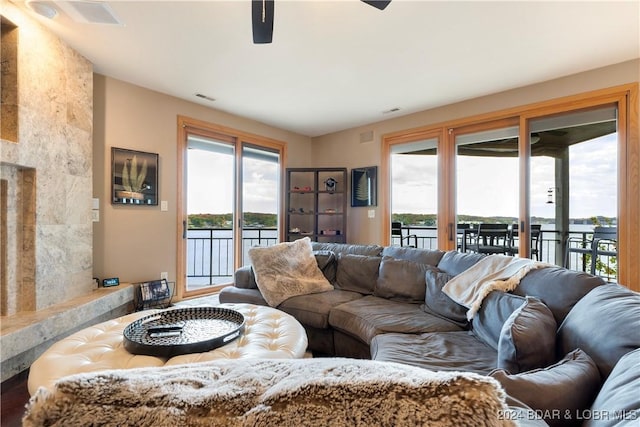 living room with a water view