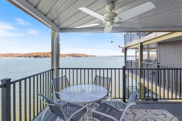 exterior space with ceiling fan and a water view