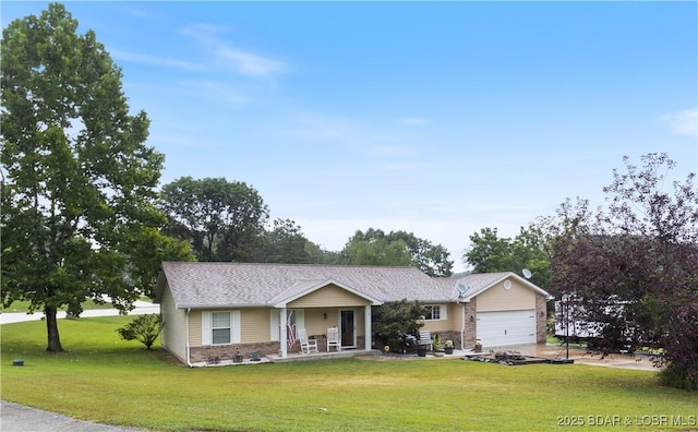 ranch-style house with a garage, a porch, and a front lawn