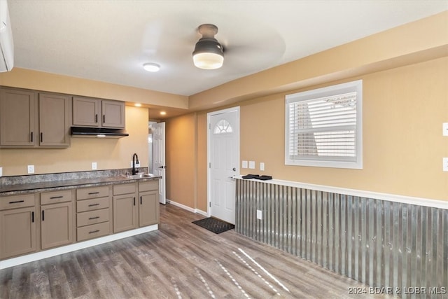 kitchen featuring gray cabinets, ceiling fan, sink, and dark wood-type flooring