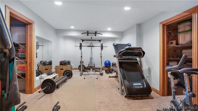 exercise area with light colored carpet