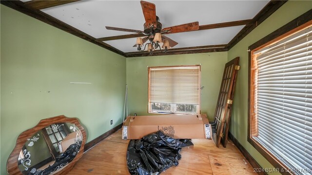 interior space featuring multiple windows, light wood-type flooring, and ceiling fan