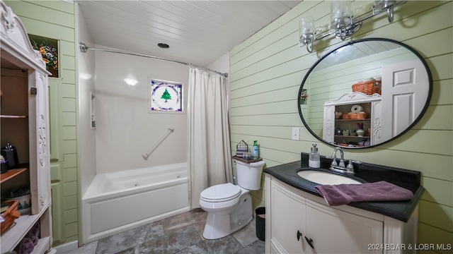 full bathroom featuring vanity, wooden walls, toilet, shower / bathtub combination with curtain, and wood ceiling