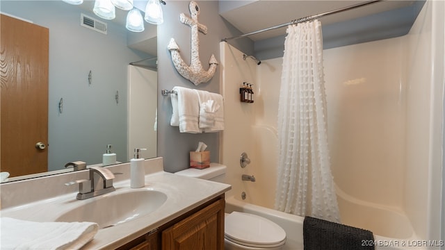 full bathroom with vanity, toilet, and shower / bathtub combination with curtain