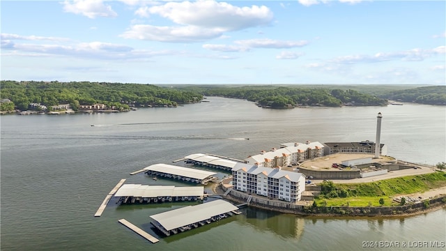 bird's eye view with a water view