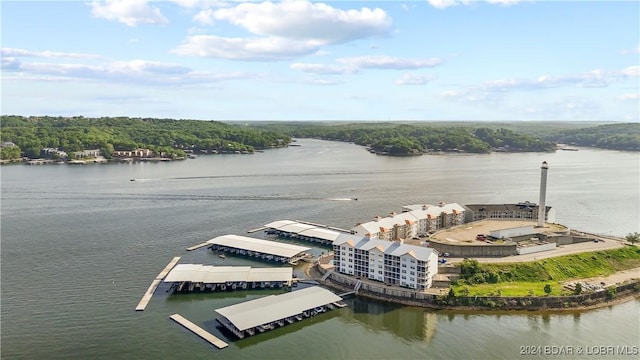 birds eye view of property featuring a water view