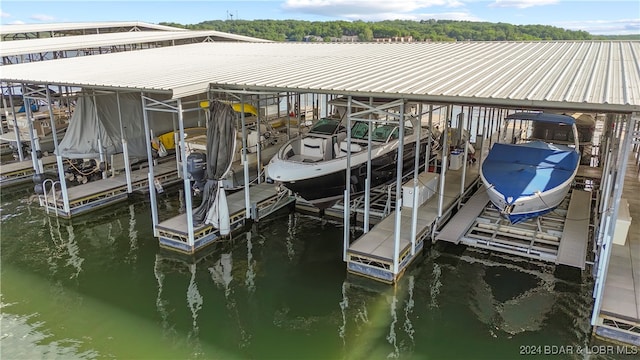 view of dock featuring a water view and boat lift