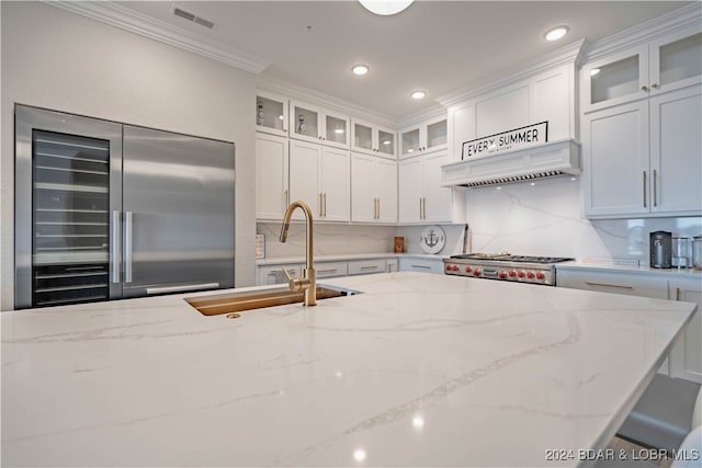 kitchen with white cabinetry, light stone counters, sink, and stainless steel appliances