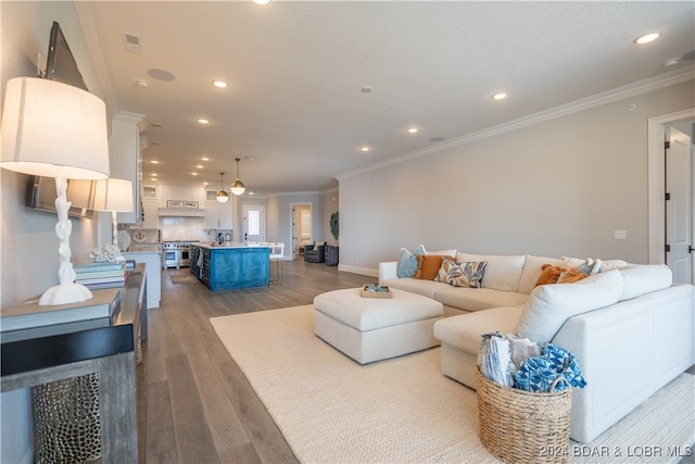 living room featuring hardwood / wood-style flooring, crown molding, and a textured ceiling