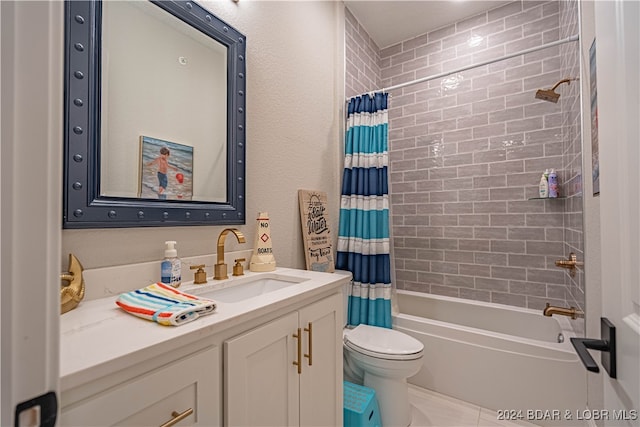 full bathroom with vanity, toilet, and shower / bathtub combination with curtain