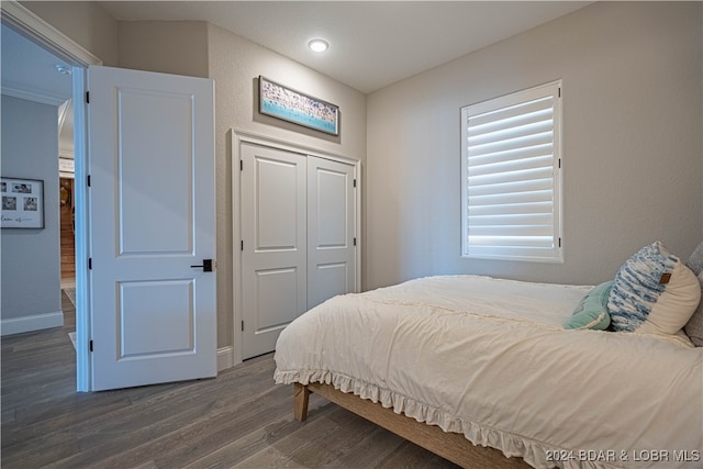 bedroom with dark hardwood / wood-style flooring and a closet