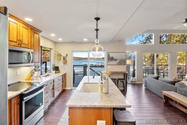 kitchen with appliances with stainless steel finishes, sink, a water view, a center island with sink, and dark hardwood / wood-style floors