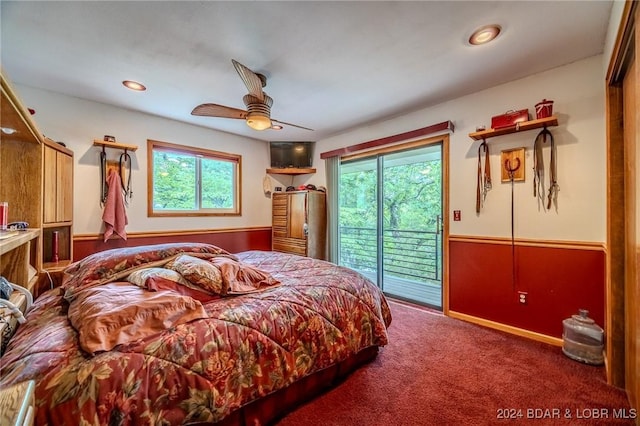 bedroom with access to exterior, carpet, a ceiling fan, and recessed lighting