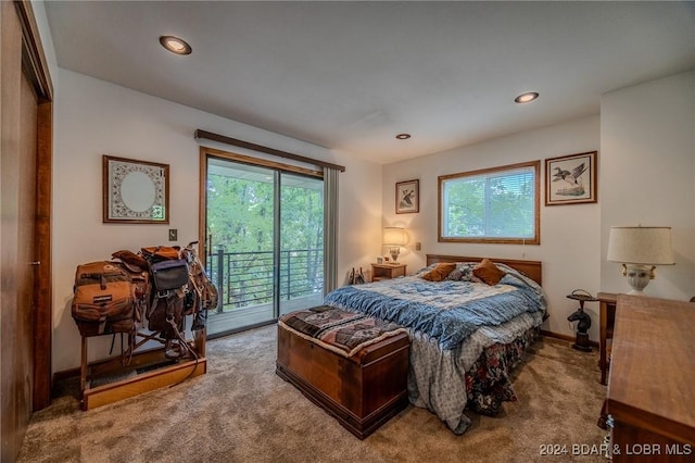 carpeted bedroom featuring access to exterior, recessed lighting, multiple windows, and baseboards