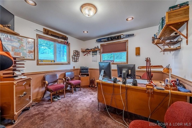 carpeted home office with recessed lighting