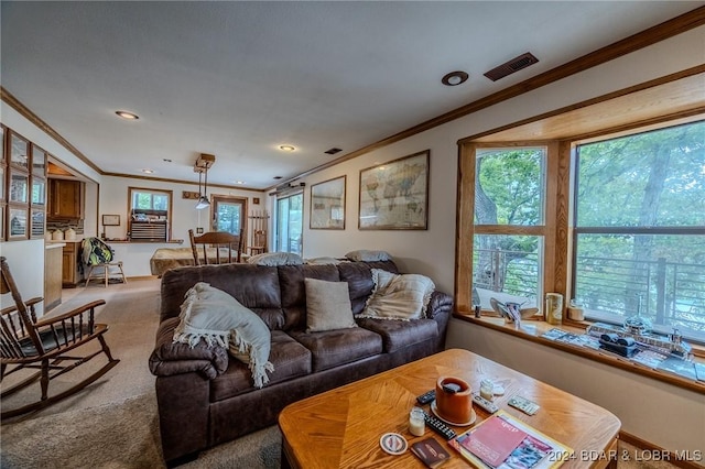 living area with crown molding, visible vents, carpet flooring, and recessed lighting