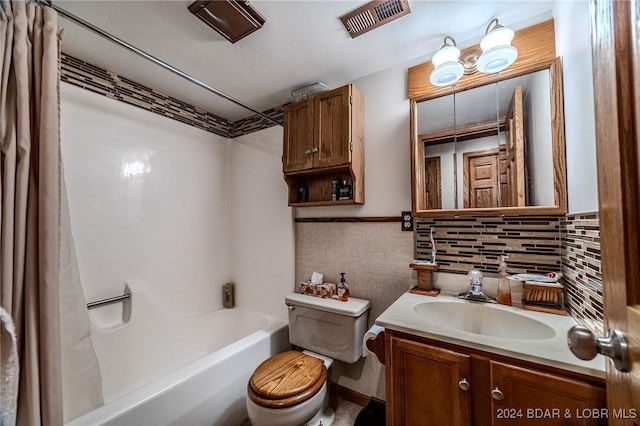 full bathroom featuring shower / tub combo, vanity, toilet, and backsplash