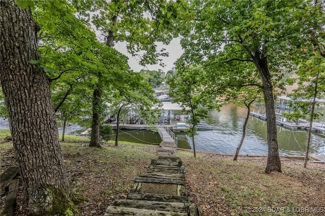 property view of water featuring a boat dock