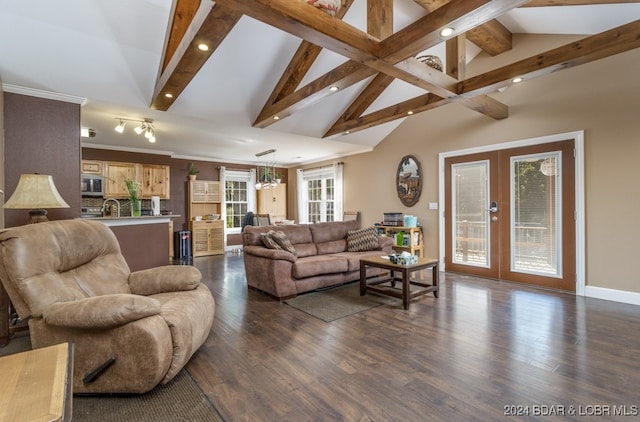 living room featuring beamed ceiling, french doors, dark hardwood / wood-style flooring, and sink