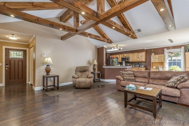 living room with beam ceiling, dark hardwood / wood-style flooring, ornamental molding, and high vaulted ceiling