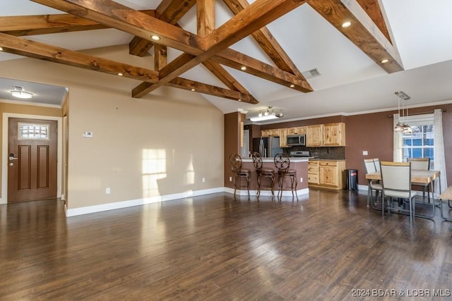 living room featuring beam ceiling, dark wood-type flooring, and high vaulted ceiling