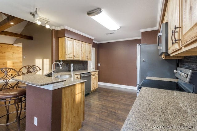 kitchen with kitchen peninsula, a kitchen breakfast bar, light stone countertops, stainless steel appliances, and sink