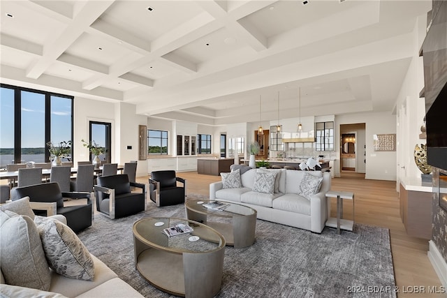 living room with wood-type flooring, plenty of natural light, and coffered ceiling