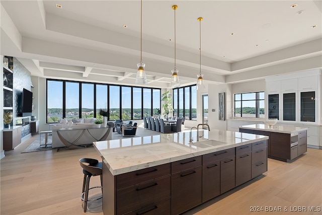 kitchen featuring light wood-type flooring, a center island with sink, and sink