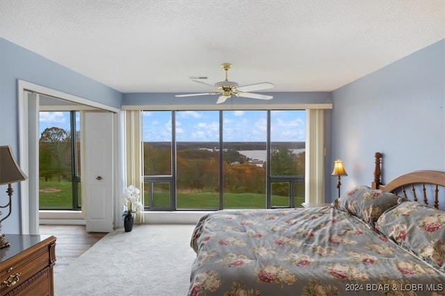 bedroom featuring a textured ceiling, light hardwood / wood-style flooring, multiple windows, and ceiling fan