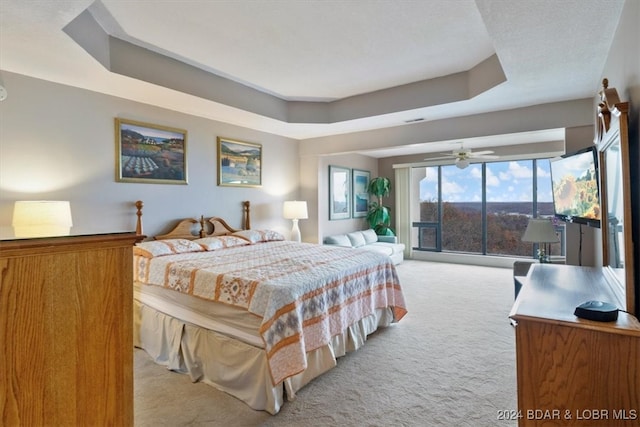 bedroom with light colored carpet and a tray ceiling