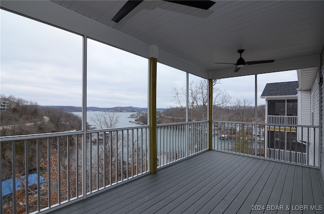 LOT1014 Enclaves Ln, Lake Ozark, MO 65049 - deck featuring ceiling fan, a water view, and a sunroom