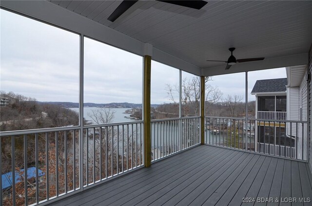 LOT1014 Enclaves Ln, Lake Ozark, MO 65049 - deck featuring ceiling fan, a water view, and a sunroom