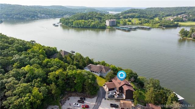 drone / aerial view featuring a water view