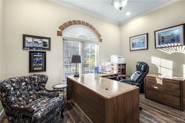 office featuring hardwood / wood-style floors and ornamental molding