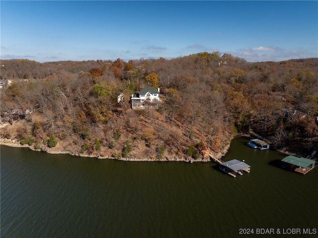 drone / aerial view with a water view