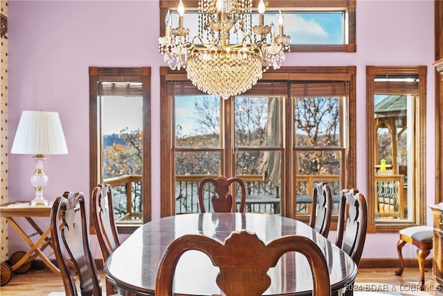 dining space with hardwood / wood-style floors, a healthy amount of sunlight, and a chandelier