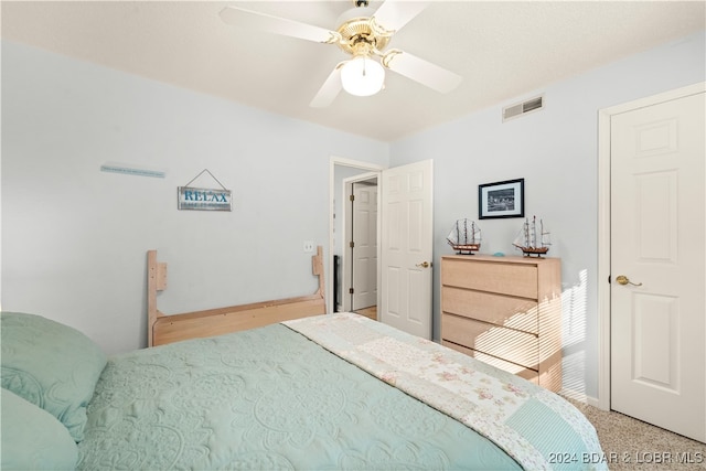 bedroom featuring carpet flooring and ceiling fan