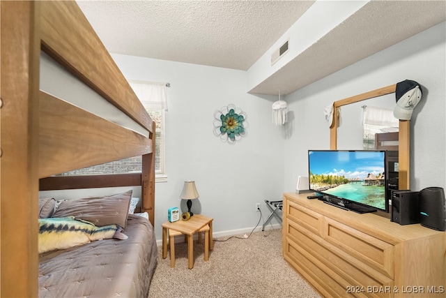 living room with light carpet and a textured ceiling