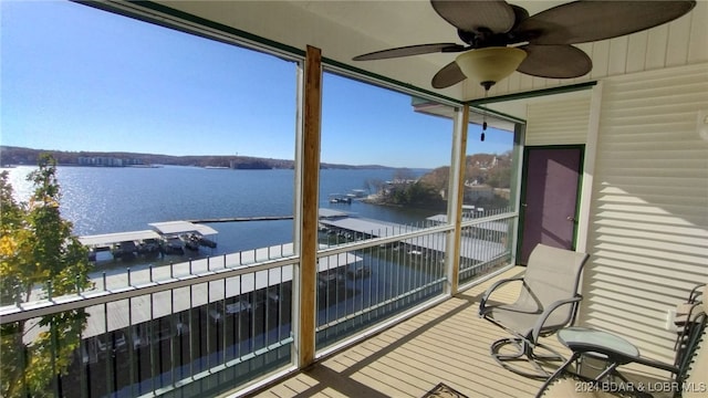 balcony featuring ceiling fan and a water view