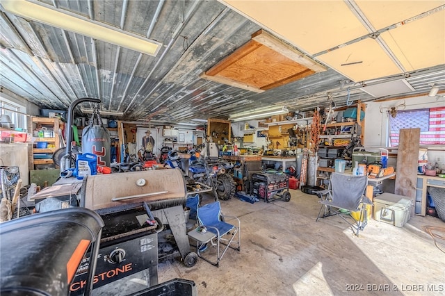 garage with a workshop area