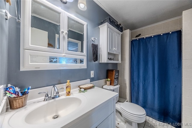 bathroom featuring vanity, a shower with shower curtain, tile patterned flooring, toilet, and a textured ceiling