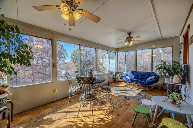 sunroom / solarium featuring ceiling fan