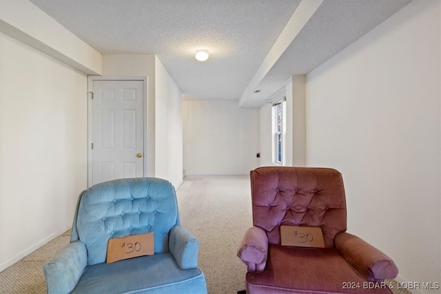 living area with carpet floors and a textured ceiling