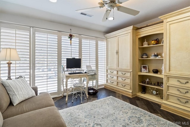 office with dark hardwood / wood-style floors and ceiling fan