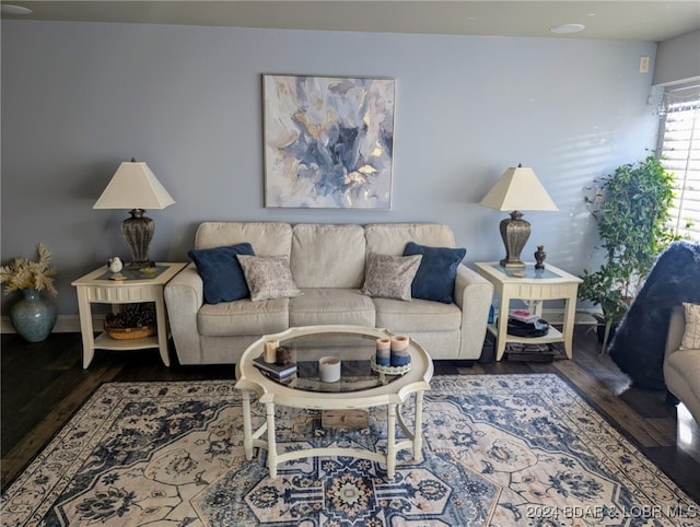 living room with dark hardwood / wood-style flooring