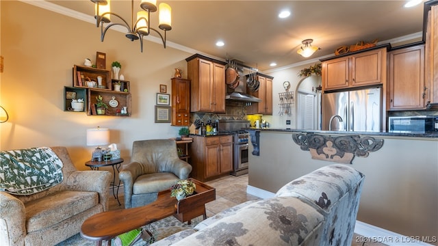 kitchen featuring decorative backsplash, ornamental molding, and stainless steel appliances