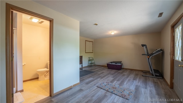 workout room featuring light hardwood / wood-style flooring