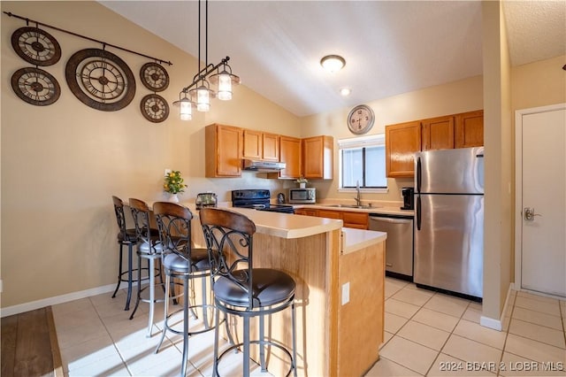 611 Lazy Days Rd Unit C9, Osage Beach, MO 65065 - kitchen featuring stainless steel appliances, lofted ceiling, a sink, under cabinet range hood, and a peninsula